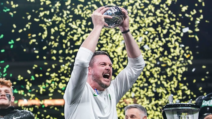 Oregon Ducks head coach Dan Lanning celebrates Saturday, Dec. 7, 2024, during the Big Ten Championship game between the Oregon Ducks and the Penn State Nittany Lions at Lucas Oil Stadium in Indianapolis. The Ducks defeated the Nittany Lions, 45-37.