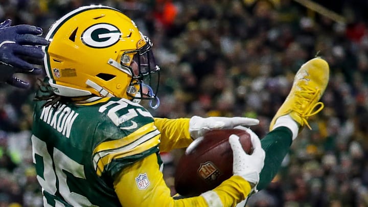 Green Bay Packers cornerback Keisean Nixon (25) intercepts a pass intended for Chicago Bears tight end Cole Kmet. Green Bay Packers cornerback Keisean Nixon (25) intercepts a pass intended for Chicago Bears tight end Cole Kmet.