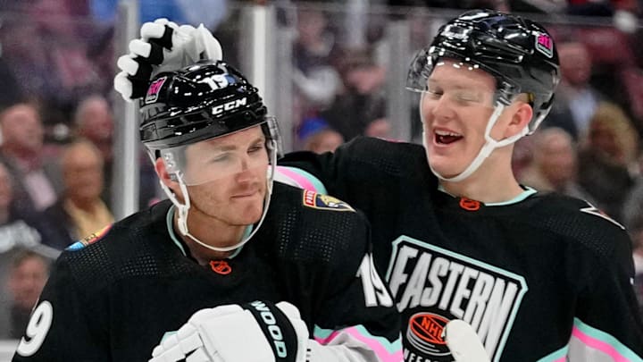 Feb 4, 2023; Sunrise, Florida, USA; Atlantic Division forward Brady Tkachuk (71) of the Ottawa Senators congratulates Atlantic Division forward Matthew Tkachuk (19) of the Florida Panthers during the second period of a semifinal game during the 2023 NHL All-Star Game.