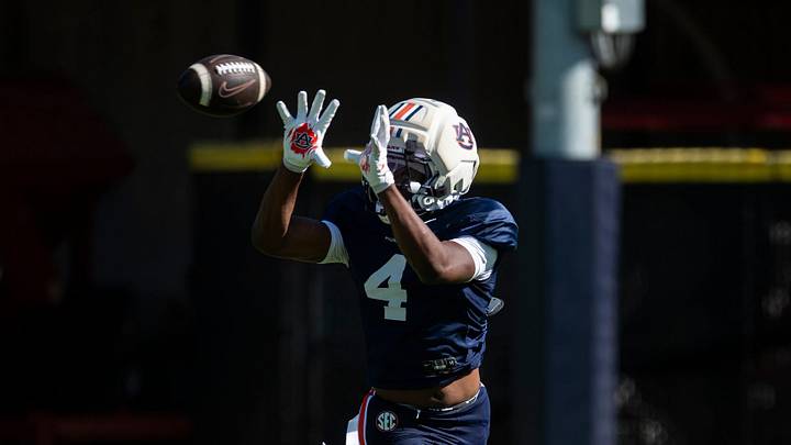 Auburn Tigers wide receiver Jeremiah Koger (4) runs drills during practice at Woltosz Football Performance Center in Auburn, Ala. on Thursday, April 16, 2026. Auburn Tigers wide receiver Jeremiah Koger (4) runs drills during practice at Woltosz Football Performance Center in Auburn, Ala. on Thursday, April 16, 2026.