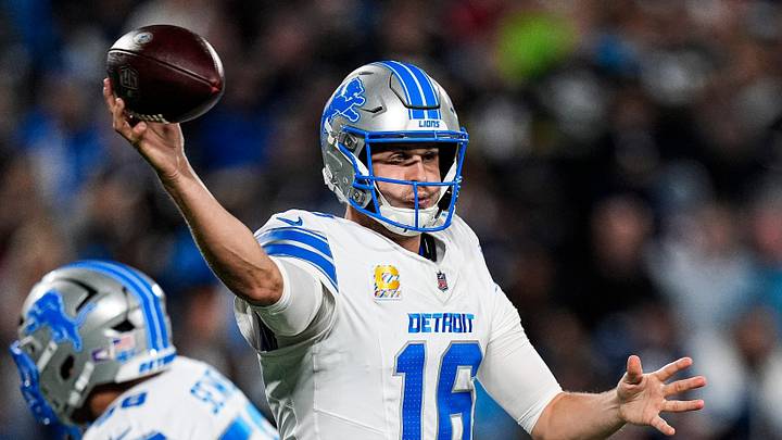 Detroit Lions quarterback Jared Goff (16) makes a pass against Carolina Panthers during the first half at Bank of America Stadium in Charlotte on Sunday, Oct. 4, 2026.