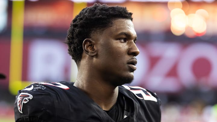 Dec 21, 2025; Glendale, Arizona, USA; Atlanta Falcons linebacker James Pearce Jr. (27) against the Arizona Cardinals at State Farm Stadium. Mandatory Credit: Mark J. Rebilas-Imagn Images Dec 21, 2025; Glendale, Arizona, USA; Atlanta Falcons linebacker James Pearce Jr. (27) against the Arizona Cardinals at State Farm Stadium. Mandatory Credit: Mark J. Rebilas-Imagn Images