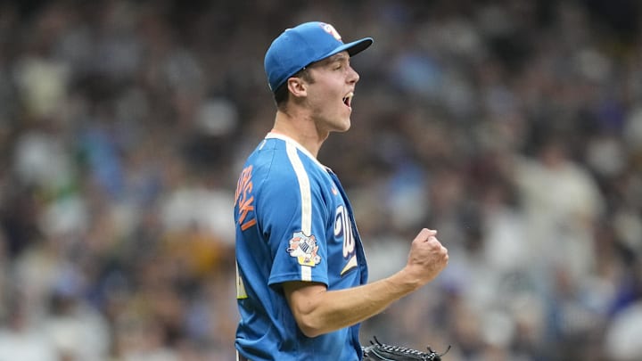 May 8, 2026; Milwaukee, Wisconsin, USA;  Milwaukee Brewers pitcher Jacob Misiorowski (32) celebrates after earning the final out of the sixth inning against the New York Yankees at American Family Field. Mandatory Credit: Jeff Hanisch-Imagn Images