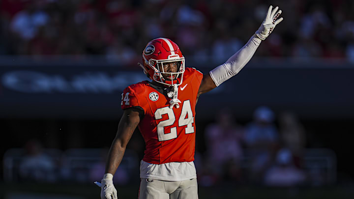 Oct 12, 2024; Athens, Georgia, USA; Georgia Bulldogs defensive back Malaki Starks (24) on the field against the Mississippi State Bulldogs at Sanford Stadium. Oct 12, 2024; Athens, Georgia, USA; Georgia Bulldogs defensive back Malaki Starks (24) on the field against the Mississippi State Bulldogs at Sanford Stadium.