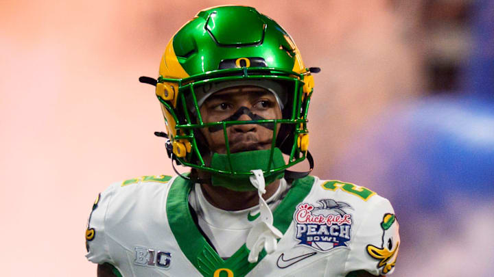 Oregon wide receiver Gary Bryant Jr. runs out onto the field as the Oregon Ducks face the Indiana Hoosiers in the Peach Bowl on Jan. 9, 2026, at Mercedes-Benz Stadium in Atlanta, Georgia. Oregon wide receiver Gary Bryant Jr. runs out onto the field as the Oregon Ducks face the Indiana Hoosiers in the Peach Bowl on Jan. 9, 2026, at Mercedes-Benz Stadium in Atlanta, Georgia.