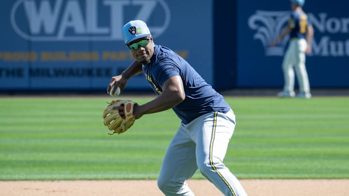 Milwaukee Brewers infielder Eddys Leonard throws home during spring training workouts Tuesday, February 17, 2026, at American Family Fields of Phoenix in Phoenix, Arizona.