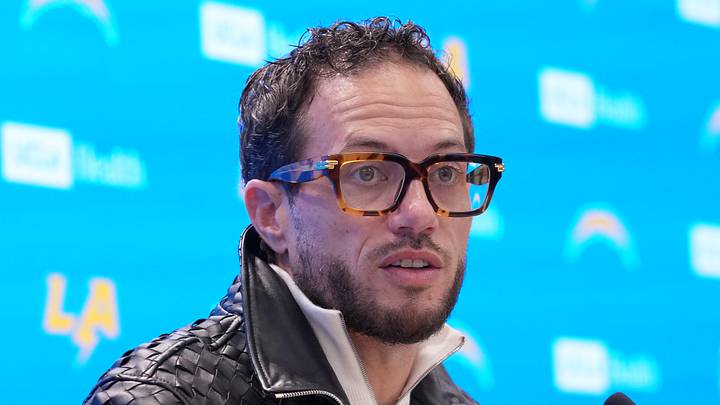 January 27, 2026; El Segundo, California, USA; Los Angeles Chargers offensive coordinator Mike McDaniel speaks at introductory press conference at The Bolt. Mandatory Credit: Kirby Lee-Imagn Images