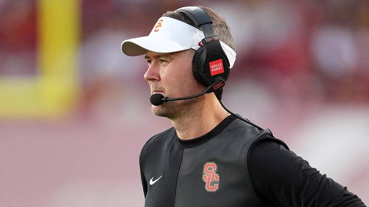 Aug 30, 2025; Los Angeles, California, USA; Southern California Trojans head coach Lincoln Riley watches from the sidelines against the Missouri State Bears in the first half at United Airlines Field at Los Angeles Memorial Coliseum. Mandatory Credit: Kirby Lee-Imagn Images