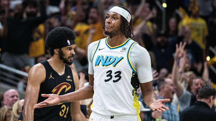 Indiana Pacers center Myles Turner celebrates a made basket.
