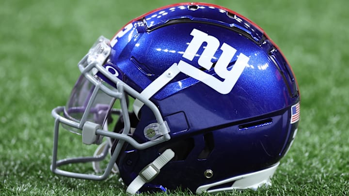 Dec 17, 2023; New Orleans, Louisiana, USA; A detailed view of a New York Giants helmet before the game against the New Orleans Saints at Caesars Superdome. Mandatory Credit: Stephen Lew-Imagn Images