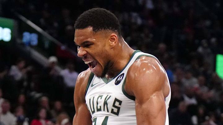Jan 25, 2025; Inglewood, California, USA; Milwaukee Bucks forward Giannis Antetokounmpo (34) celebrates against the LA Clippers in the second half at Intuit Dome on January 25, 2025.