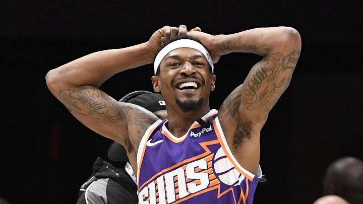Jan 7, 2025; Charlotte, North Carolina, USA;  Phoenix Suns guard Bradley Beal (3) reacts after scoring during the first half against the Charlotte Hornets at the Spectrum Center. Mandatory Credit: Sam Sharpe-Imagn Images