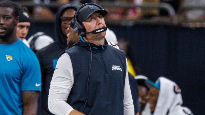 Aug 17, 2025; New Orleans, Louisiana, USA;  Jacksonville Jaguars head coach Liam Coen walks the sidelines against the Jacksonville Jaguars during the second half at Caesars Superdome. Mandatory Credit: Stephen Lew-Imagn Images