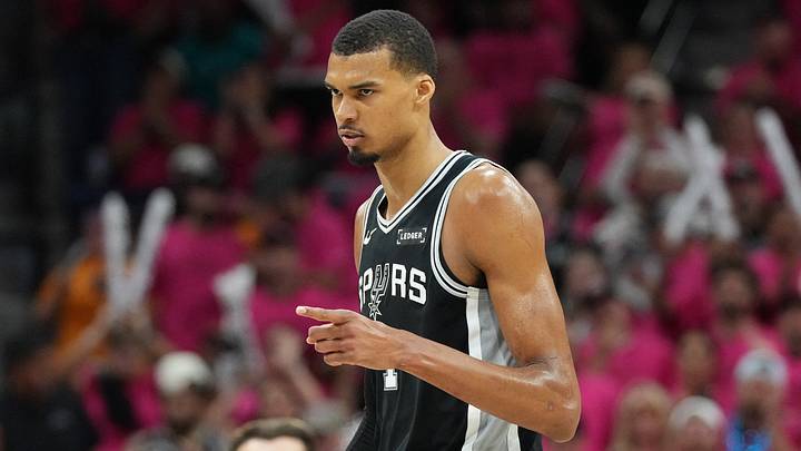 May 22, 2026; San Antonio, Texas, USA; San Antonio Spurs forward Victor Wembanyama (1) reacts in the second half during game three of the western conference finals for the 2026 NBA playoffs at Frost Bank Center. Mandatory Credit: Scott Wachter-Imagn Images