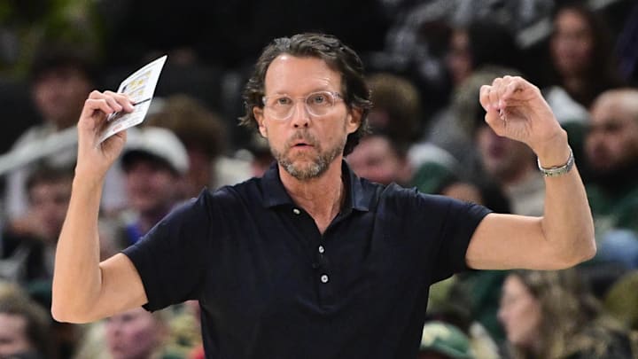 Hawks head coach Quin Snyder reacts in the second quarter against the Milwaukee Bucks at Fiserv Forum.