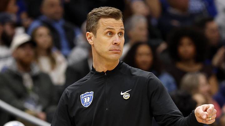 Mar 27, 2026; Washington, DC, USA; Duke Blue Devils head coach Jon Scheyer reacts in the first half during a Sweet Sixteen game of the East Regional of the men's 2026 NCAA Tournament at Capital One Arena. Mandatory Credit: Geoff Burke-Imagn Images