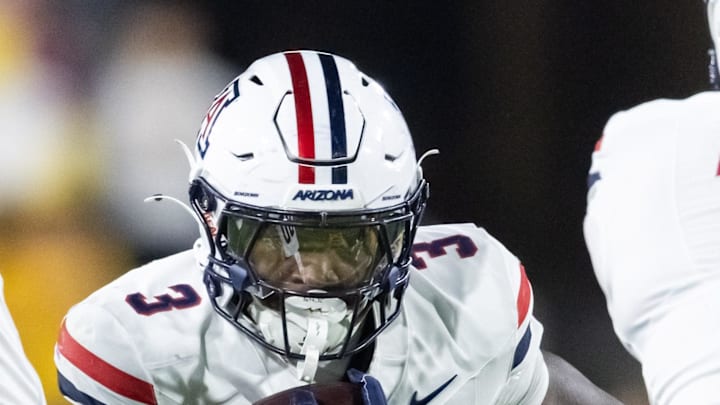 Nov 28, 2025; Tempe, Arizona, USA; Arizona Wildcats running back Kedrick Reescano (3) against the Arizona State Sun Devils in the first half during the 99th Territorial Cup at Mountain America Stadium. Mandatory Credit: Mark J. Rebilas-Imagn Images