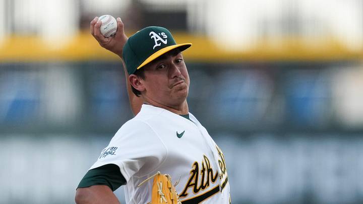 Jun 12, 2026; Summerlin, Nevada, USA; Athletics pitcher Gage Jump (61) throws the ball during the first inning against the Colorado Rockies at the Las Vegas Ballpark. Mandatory Credit: Lucas Peltier-Imagn Images