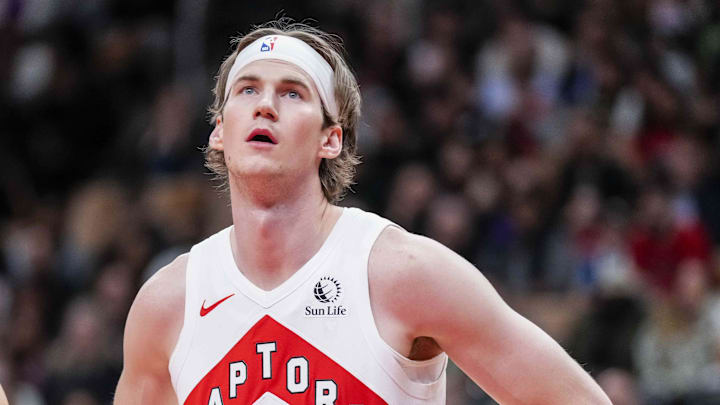 Oct 15, 2024; Toronto, Ontario, CAN;  Toronto Raptors center Branden Carlson (35) looks on against the Boston Celtics at Scotiabank Arena. Mandatory Credit: Kevin Sousa-Imagn Images
