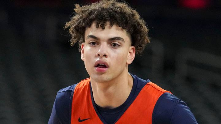 Illinois Fighting Illini guard Keaton Wagler (23) guards during practice ahead of a Final Four game on Friday, April 3, 2026, at Lucas Oil Stadium in Indianapolis. Illinois Fighting Illini guard Keaton Wagler (23) guards during practice ahead of a Final Four game on Friday, April 3, 2026, at Lucas Oil Stadium in Indianapolis.