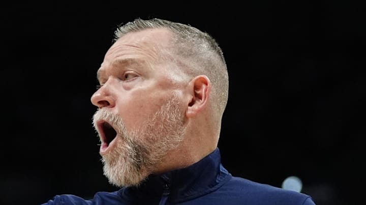 Apr 6, 2025; Denver, Colorado, USA; Denver Nuggets head coach Michael Malone reacts in the second half against the Indiana Pacers at Ball Arena. Mandatory Credit: Ron Chenoy-Imagn Images