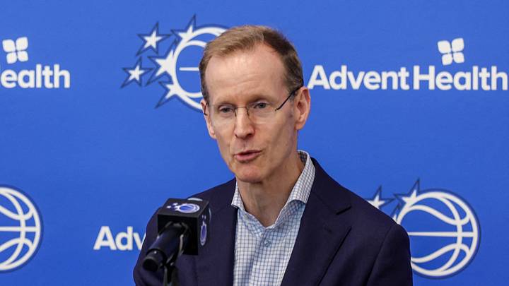 Jun 18, 2026; Orlando, FL, USA; Orlando Magic President of Basketball Operations Jeff Weltman (right) and new head coach Sean Sweeney take media questions during a press conference at AdventHealth Training Center. Mandatory Credit: Mike Watters-Imagn Images