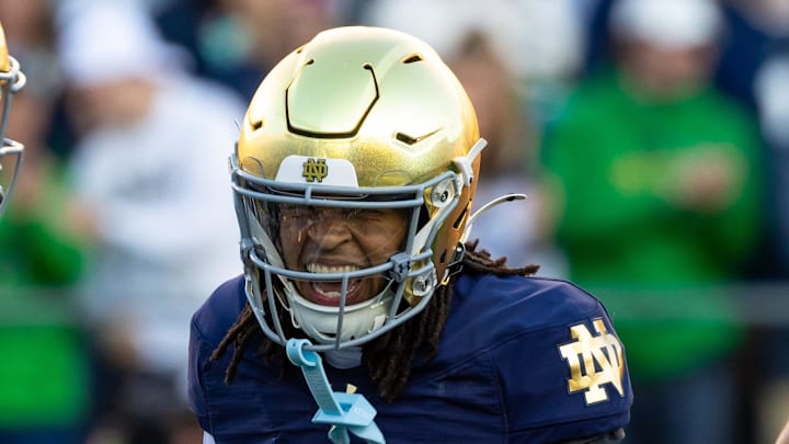 Oct 11, 2025; South Bend, Indiana, USA; Notre Dame Fighting Irish wide receiver KK Smith (11) celebrates a touchdown against the NC State Wolfpack during the second half at Notre Dame Stadium. Mandatory Credit: Michael Caterina-Imagn Images Oct 11, 2025; South Bend, Indiana, USA; Notre Dame Fighting Irish wide receiver KK Smith (11) celebrates a touchdown against the NC State Wolfpack during the second half at Notre Dame Stadium. Mandatory Credit: Michael Caterina-Imagn Images