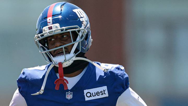 Jun 3, 2026; East Rutherford, NJ, USA;  New York Giants quarterback Jaxson Dart (6) and wide receiver Isaiah Likely (9) talk during organized team activities at Quest Diagnostics Training Center. Mandatory Credit: Vincent Carchietta-Imagn Images