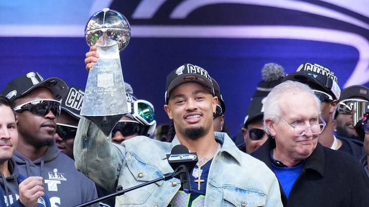Feb 11, 2026; Seattle, WA, USA; Seattle Seahawks wide receiver Jaxon Smith-Njigba holds the Vince Lombardi trophy during the Super Bowl LX trophy celebration at Lumen Field. Mandatory Credit: Kirby Lee-Imagn Images Feb 11, 2026; Seattle, WA, USA; Seattle Seahawks wide receiver Jaxon Smith-Njigba holds the Vince Lombardi trophy during the Super Bowl LX trophy celebration at Lumen Field. Mandatory Credit: Kirby Lee-Imagn Images