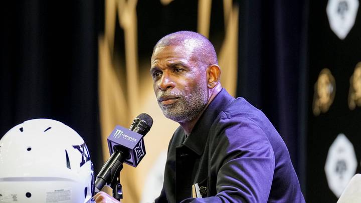 Jul 7, 2026; Frisco, TX, USA; Colorado head coach Deion Sanders speaks to reporters during Big 12 Conference Football Media Days at The Star. Jul 7, 2026; Frisco, TX, USA; Colorado head coach Deion Sanders speaks to reporters during Big 12 Conference Football Media Days at The Star.