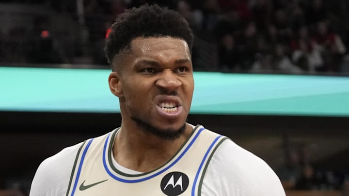 Dec 27, 2025; Chicago, Illinois, USA; Milwaukee Bucks forward Giannis Antetokounmpo (34) reacts after scoring against the Chicago Bulls during the second half at United Center. Mandatory Credit: David Banks-Imagn Images