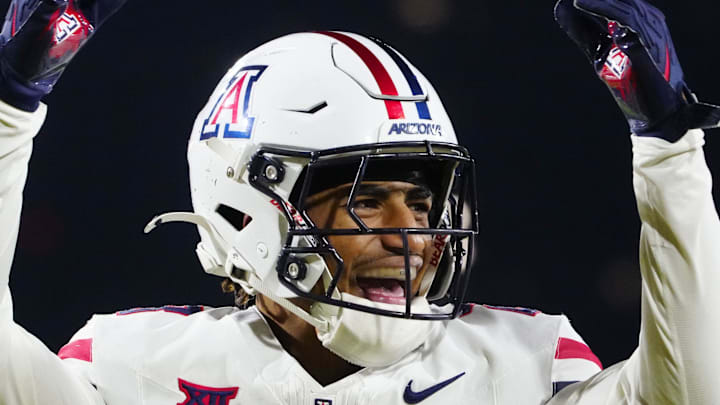 Arizona defensive back Gavin Hunter (23) celebrates an Arizona State turnover during a game at Mountain America Stadium in Tempe on Nov. 28, 2025.