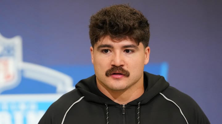 Texas Tech linebacker Jacob Rodriguez speaks during the NFL Scouting Combine at the Indiana Convention Center.