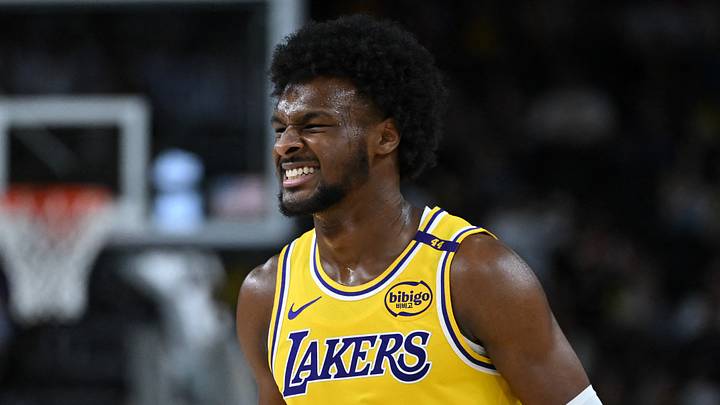 Oct 4, 2024; Palm Desert, California, USA; Los Angeles Lakers guard Bronny James (9) reacts against the Minnesota Timberwolves during the second half at Acrisure Arena. Mandatory Credit: Jonathan Hui-Imagn Images