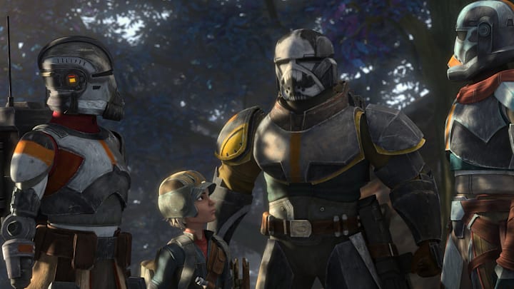(L-R): Echo, Omega, Wrecker, Hunter, and Tech in a scene from "STAR WARS: THE BAD BATCH", season 2 exclusively on Disney+. © 2022 Lucasfilm Ltd. & ™. All Rights Reserved.