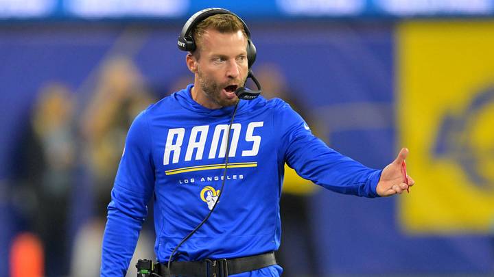 Inglewood, California, USA;  Los Angeles Rams head coach Sean McVay reacts during the fourth quarter against the Buffalo Bills at SoFi Stadium.  Mandatory Credit: Jayne Kamin-Oncea-Imagn Images