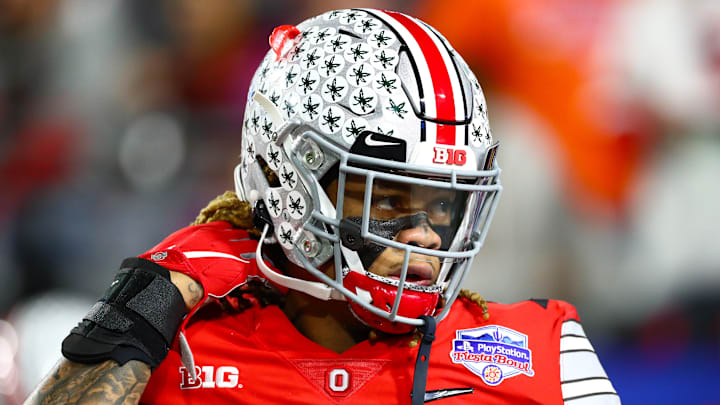 Dec 28, 2019; Glendale, Arizona, USA; Ohio State Buckeyes defensive end Chase Young (2) prior to the game against the Clemson Tigers in the 2019 Fiesta Bowl college football playoff semifinal game. Mandatory Credit: Matthew Emmons-Imagn Images