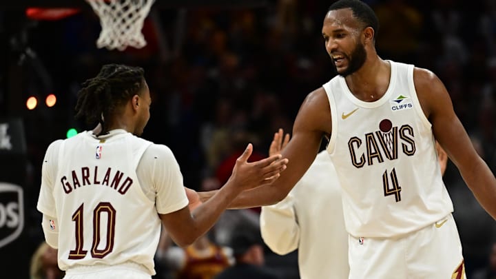 Dec 20, 2024; Cleveland, Ohio, USA; Cleveland Cavaliers guard Darius Garland (10) celebrates with forward Evan Mobley (4) during the second half against the Milwaukee Bucks at Rocket Mortgage FieldHouse. Mandatory Credit: Ken Blaze-Imagn Images