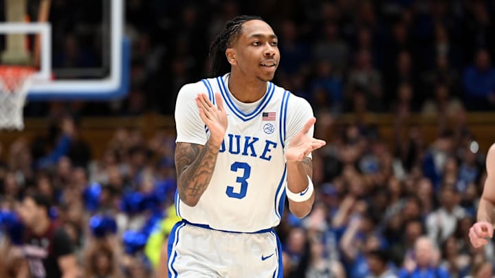 Jan 26, 2026; Durham, North Carolina, USA; Duke Blue Devils forward Isaiah Evans (3) reacts after scoring during the first half against the Louisville Cardinals at Cameron Indoor Stadium. Mandatory Credit: Rob Kinnan-Imagn Images