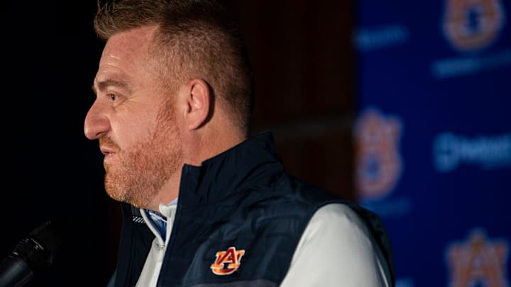 Auburn Tigers football head coach Alex Golesh speaks during a press conference at Woltosz Performance Center in Auburn, Ala. on Monday, Dec. 8, 2025.
