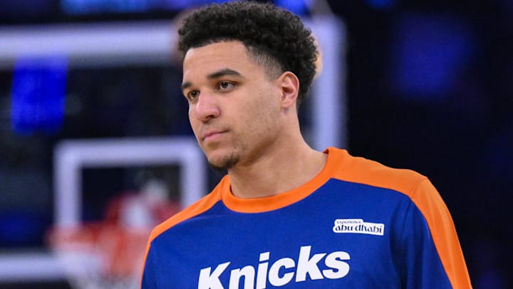 Apr 1, 2025; New York, New York, USA; New York Knicks forward Kevin McCullar Jr. (9) warms up before a game against the Philadelphia 76ers at Madison Square Garden. Mandatory Credit: John Jones-Imagn Images
