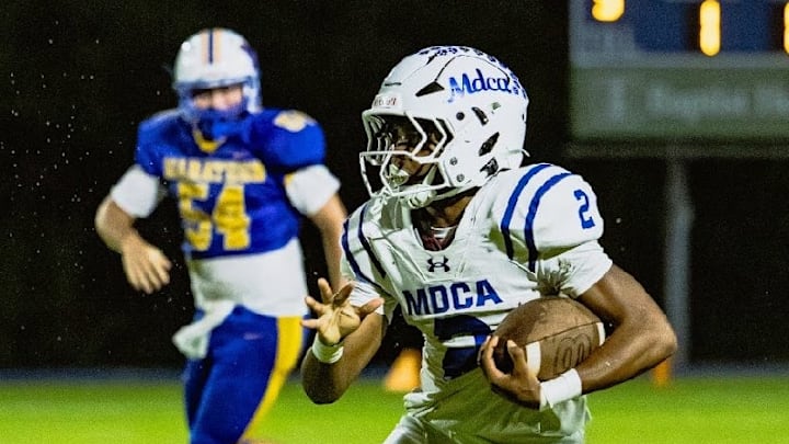 Mount Dora Christian's T.J. McCormick (2) rushed eight times for 125 yards and two touchdowns and returned a fumble 54 yards for another score to lead the Bulldogs past Monticello Aucilla Christian, 46-21, in the SSAA 11-man State Championship quarterfinals.