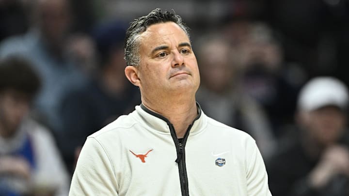 Texas Longhorns head coach Sean Miller in the first half against the BYU Cougars during a first round game of the men's 2026 NCAA Tournament at Moda Center.