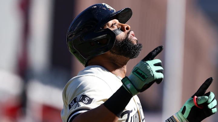 Sep 29, 2024; Minneapolis, Minnesota, USA; Minnesota Twins first baseman Carlos Santana (30) celebrates his solo home run as he runs the bases during the second inning against the Baltimore Orioles at Target Field. Mandatory Credit: Matt Krohn-Imagn Images