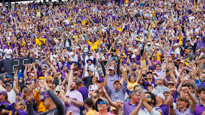 Nov 25, 2023; Baton Rouge, Louisiana, USA;  LSU Tigers fans react to a touchdown by wide receiver