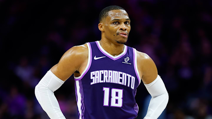 Dec 23, 2025; Sacramento, California, USA; Sacramento Kings guard Russell Westbrook (18) looks on during the second quarter against the Detroit Pistons at Golden 1 Center.