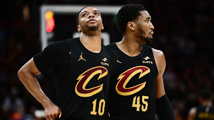 May 13, 2025; Cleveland, Ohio, USA; Cleveland Cavaliers guard Darius Garland (10) and guard Donovan Mitchell (45) react during the second half against the Indiana Pacers in game five of the second round for the 2025 NBA Playoffs at Rocket Arena. Mandatory Credit: Ken Blaze-Imagn Images