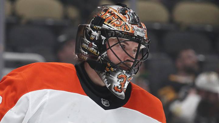 Feb 27, 2025; Pittsburgh, Pennsylvania, USA;  Philadelphia Flyers goaltender Samuel Ersson (33) looks on against the Pittsburgh Penguins during the first period at PPG Paints Arena. Mandatory Credit: Charles LeClaire-Imagn Images