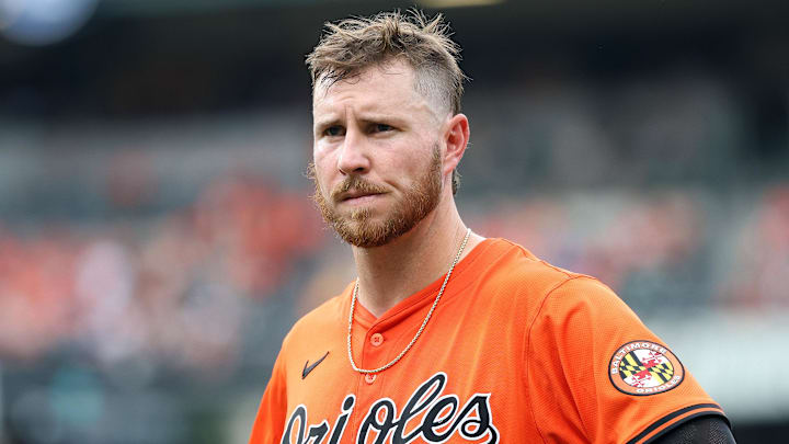 Jul 12, 2025; Baltimore, Maryland, USA; Baltimore Orioles first baseman Ryan O'Hearn (32) looks on during the fourth inning against the Miami Marlins at Oriole Park at Camden Yards. Mandatory Credit: Daniel Kucin Jr.-Imagn Images Jul 12, 2025; Baltimore, Maryland, USA; Baltimore Orioles first baseman Ryan O'Hearn (32) looks on during the fourth inning against the Miami Marlins at Oriole Park at Camden Yards. Mandatory Credit: Daniel Kucin Jr.-Imagn Images