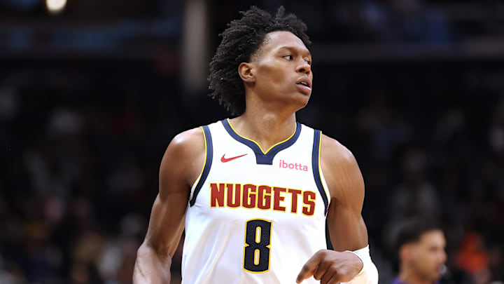 Jan 22, 2026; Washington, District of Columbia, USA; Denver Nuggets guard Peyton Watson (8) looks on during the second half against the Washington Wizards at Capital One Arena. Mandatory Credit: Daniel Kucin Jr.-Imagn Images